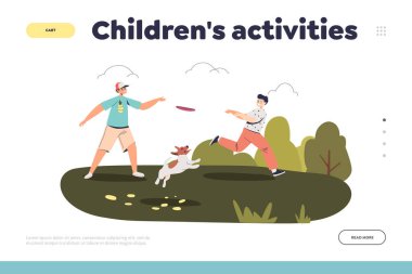 Çocukların piknikte köpekle oynadığı ya da kamp yaptığı açık hava etkinliği konsepti.