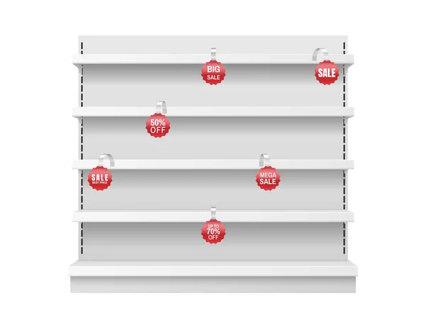 White empty store shelf with sale and discount prices tags. Retail shelf rack for supermarket — Archivo Imágenes Vectoriales