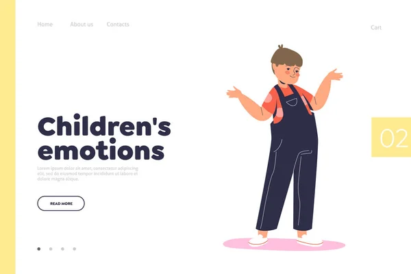 Bambini emozione concetto di landing page con ragazzo scontroso spalle scrollando confuso — Vettoriale Stock