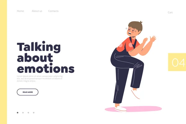 Talk to kid about emotion concept of landing page with scared boy small kid running away — ストックベクタ