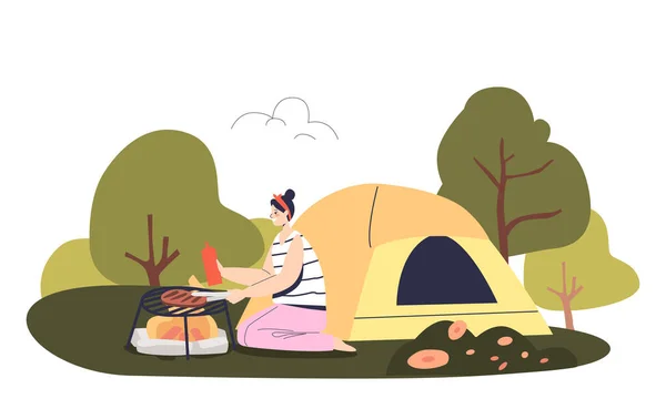 Family vacation at camp: young woman cooking meal on fire at camping tent in forest — Stock Vector