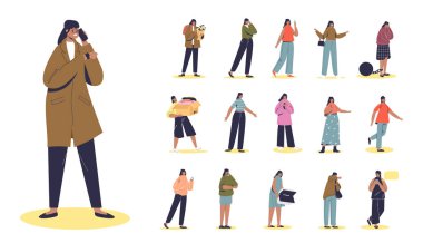 Bir dizi kızgın çizgi film kızı farklı yaşam tarzlarında akıllı telefondan konuşur ve poz verir.