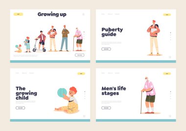 Büyüyen erkek yaşam evreleriyle dolu iniş sayfaları: yeni doğan bebek, genç ve yaşlı adam