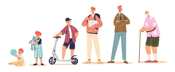 Öregedési koncepció: a férfi növekedésének szakaszai. Gyerek, tinédzser, diák, felnőtt üzletember és idős férfi — Stock Vector