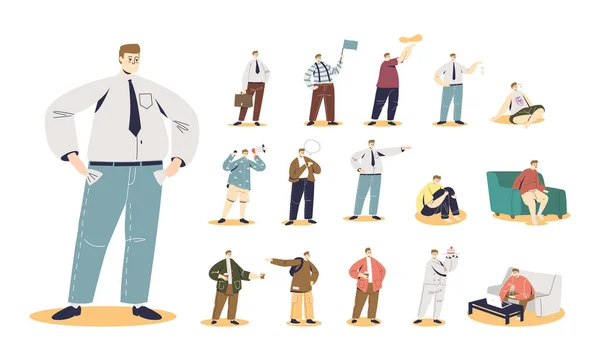 Set of poor businessman with empty pockets in different lifestyle situations and poses — Vector de stock