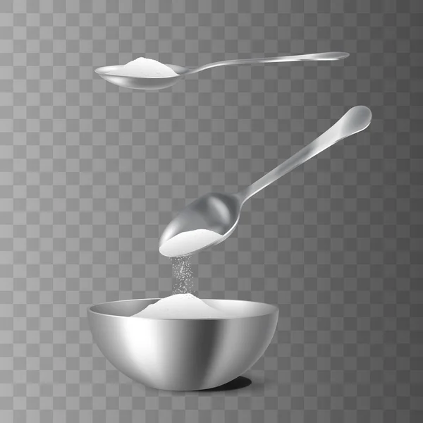 Set de sel : cuillère en métal et châle avec du sel pour la cuisson. condiment de cuisine blanche pour la cuisine de goût — Image vectorielle