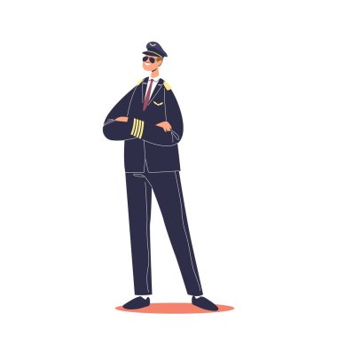 Üniformalı ve gözlüklü erkek pilot gülümsüyor. Man Havayolları kaptan pilotu izole edildi