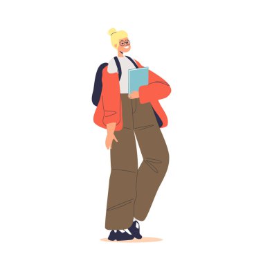 Sırt çantası ve kitabı olan liseli bir kız. Büyüyen kız öğrenci ya da öğrenci. Yaşlanmanın ergen aşaması