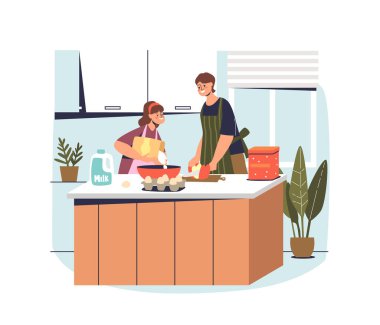 Aile yemekleri mutfakta turta için hamur hazırlıyor. Genç anne ve kız yemek yapıyor.