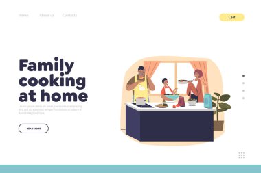Aile yemekleri, anne babayla çocuğun mutfakta bir araya geldiği iniş sayfası konsepti.