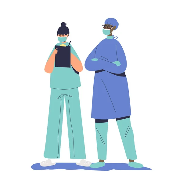 Chirurgie médecin et infirmière tenant une carte médicale de brevet discuter des résultats de l'examen — Image vectorielle