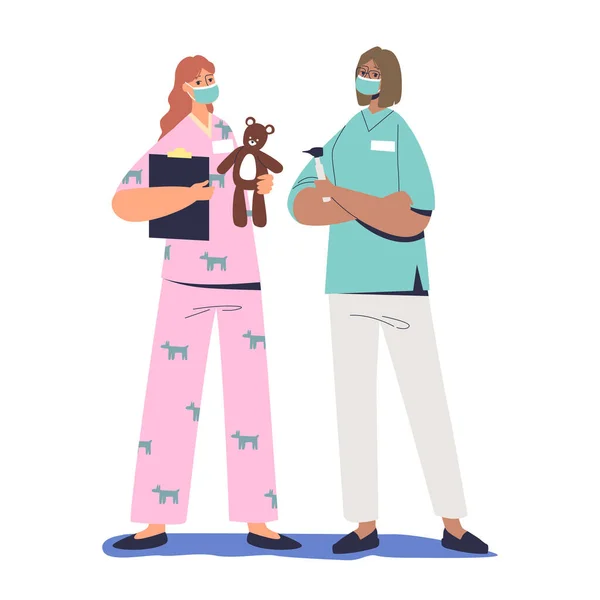女儿科医生和儿童牙医。在儿童医院从事玩具工作的医务工作者 — 图库矢量图片