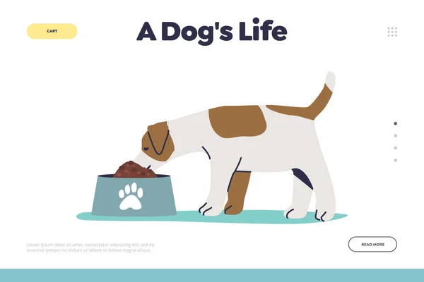 Conceito de vida do cão de landing page com pappy pequeno bonito comer alimentos secos de tigela de cão —  Vetores de Stock