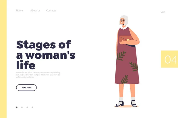 Etapper av kvinnans liv begreppet landningssida med äldre dam med grått hår. Överordnad mormor — Stock vektor