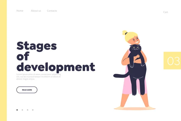 Stage of development concept of landing page with small baby girl holding kitten — Stockový vektor