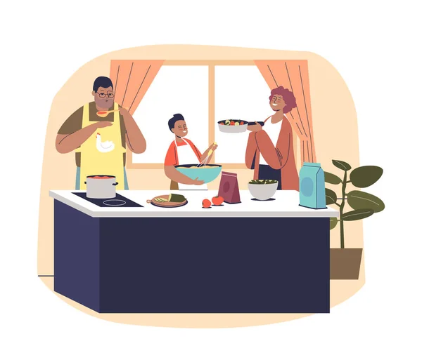 Rodinná večeře doma. Rodiče a děti společně v kuchyni připravují jídlo k večeři nebo snídani — Stockový vektor