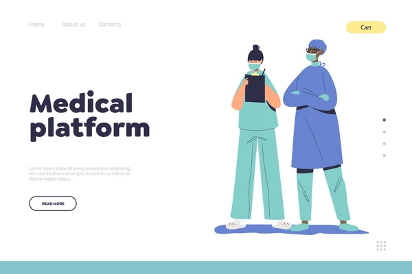 Conceito de plataforma médica de landing page com médico e enfermeiro segurando cartão médico patente — Vetor de Stock