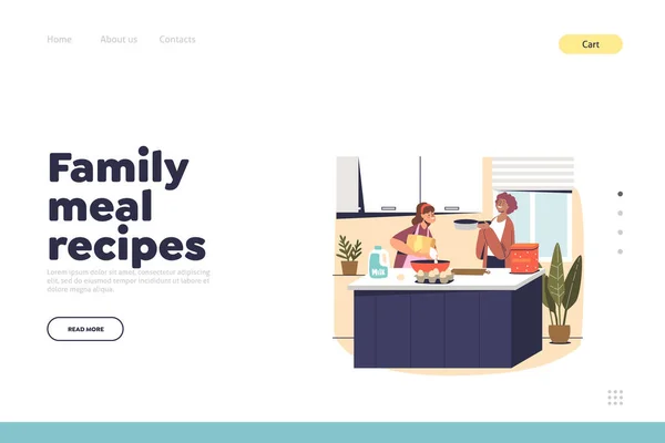 Rodinné jídlo recepty koncept přistávací stránky s matkou a dcerou vaření doma v kuchyni — Stockový vektor