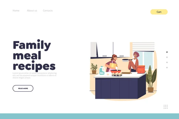 Családi étkezés receptek koncepciója landing page anyával és lányával főzés otthon a konyhában — Stock Vector