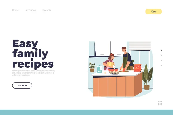 Gemakkelijk familie recepten concept van landing page met moeder en dochter koken thuis het bereiden van taart — Stockvector