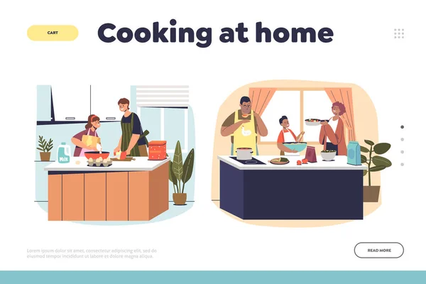 Cocinar en casa concepto de landing page con los padres preparar la comida junto con los niños — Archivo Imágenes Vectoriales