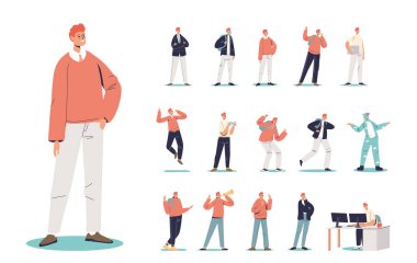 Bir grup genç karikatür işadamı ya da öğrenci farklı yaşam tarzlarında mutlu bir gülümseme ve poz veriyor.