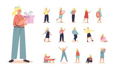 Çizgi film setinde küçük kız hediye kutusunu tutuyor farklı yaşam tarzlarında yürüyor ve poz veriyor.