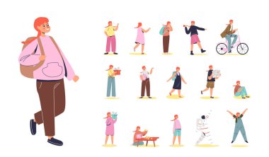 Sırt çantalı, farklı yaşam tarzları olan ve poz veren kızıl saçlı kız öğrenci takımı.