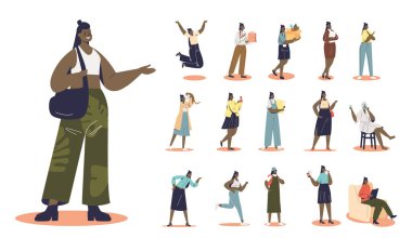 Bir dizi çizgi film karışık ırk Afro-Amerikan yenilikçi kız farklı yaşam tarzları ve pozlar.