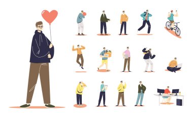 Karikatür çizen kapüşonlu genç adam kalp şeklinde balon tutuyor ve farklı pozlar veriyor.