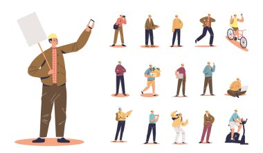 Elinde pankart ve akıllı telefon olan bir grup protestocu adam farklı yaşam tarzları ve pozlar veriyor.