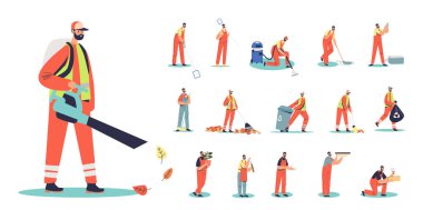 Elektrikli süpürge kullanan, üniformalı bir hademe takımı farklı yaşam tarzları ve pozlar veriyor.