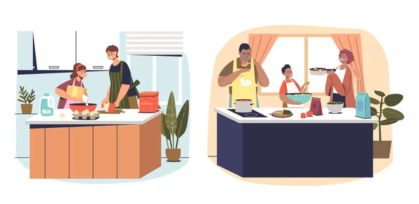 Rodiče vaří doma s dětmi. Sada kreslených rodin připravuje jídlo v kuchyni — Stockový vektor