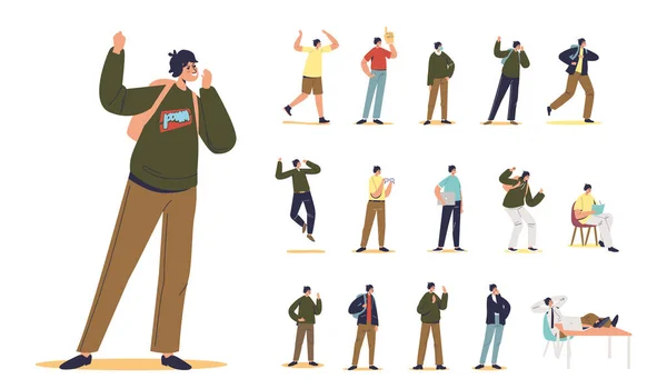Conjunto de adolescente joven o colegial de dibujos animados hombre suéter hipster en diferentes situaciones de estilo de vida y poses — Archivo Imágenes Vectoriales