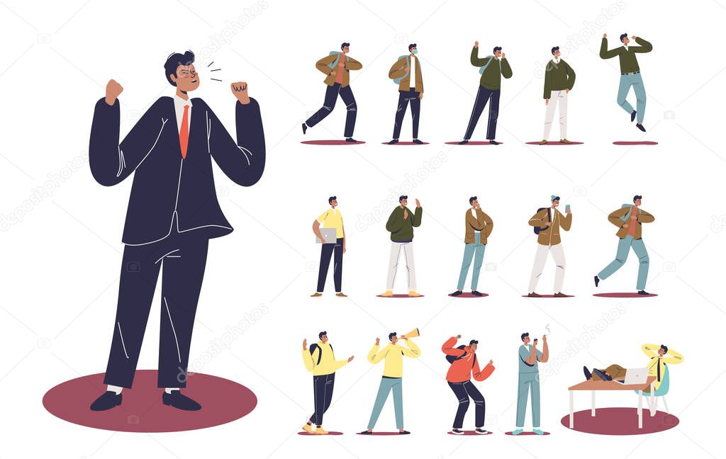 Set of angry cartoon businessman in suit screaming in different lifestyle situations and poses