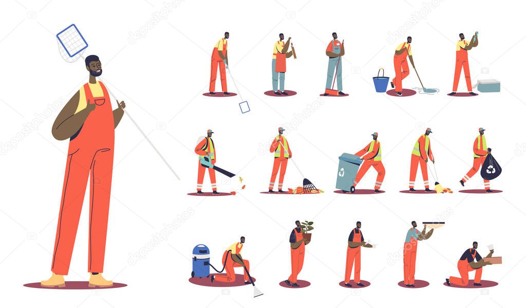 Set of african janitor cartoon man in uniform cleaning street different lifestyle situations