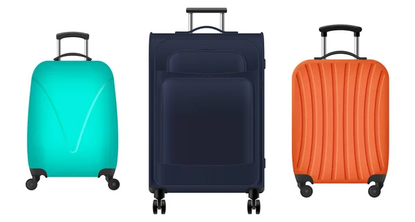 Conjunto de sacos de viagem realistas, malas de plástico para bagagem sobre rodas para o voo do aeroporto, férias — Vetor de Stock