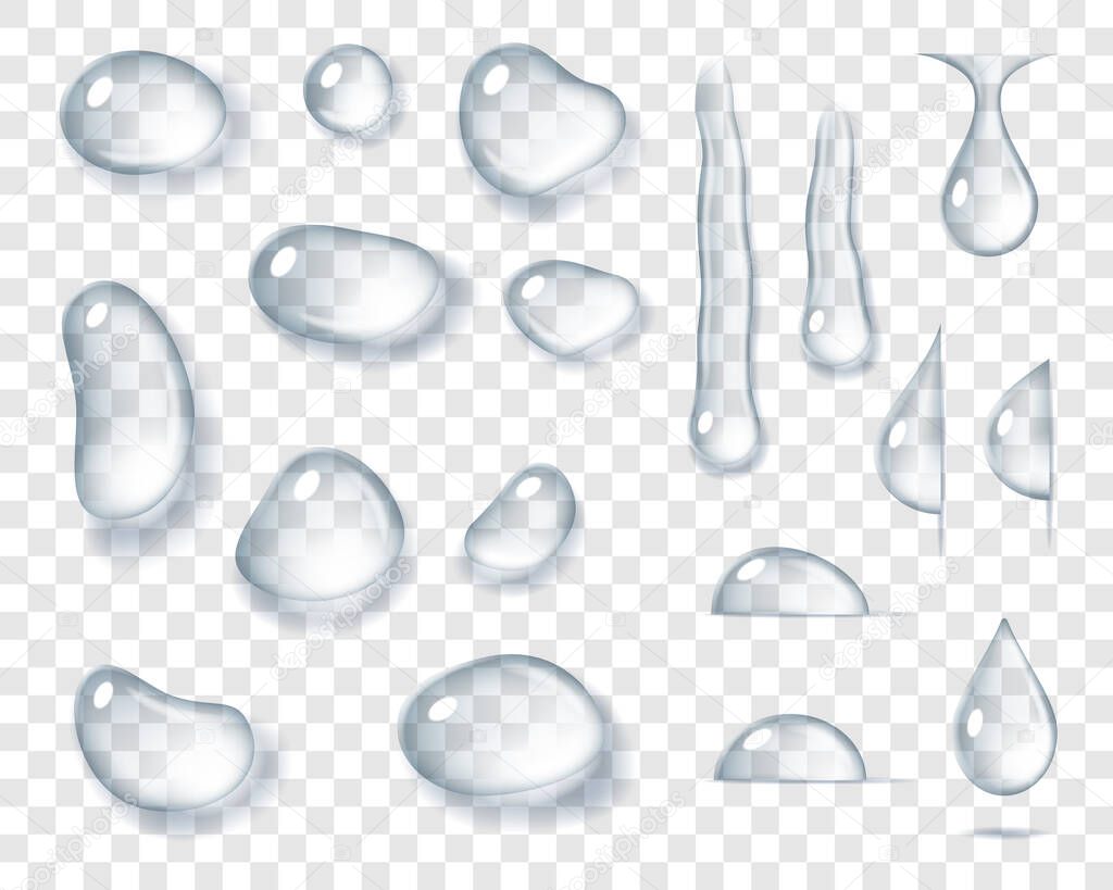 Set of different water drops realistic droplets of pure liquid isolated on transparent background