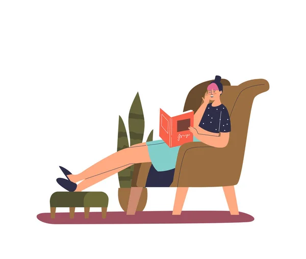 Уставшая от усталости женщина засыпает, читая книгу дома на диване. Расстроенная переутомленная женщина — стоковый вектор