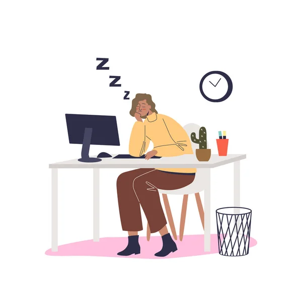 Bilgisayarda bitap düşmüş bir kadın ofis masasında oturuyor. Çok çalışan kadın işyerinde uyuyor. — Stok Vektör
