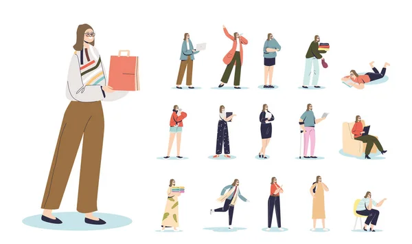 Conjunto de dibujos animados mujer joven sosteniendo bolsa de compras en diferentes situaciones de estilo de vida y poses — Archivo Imágenes Vectoriales