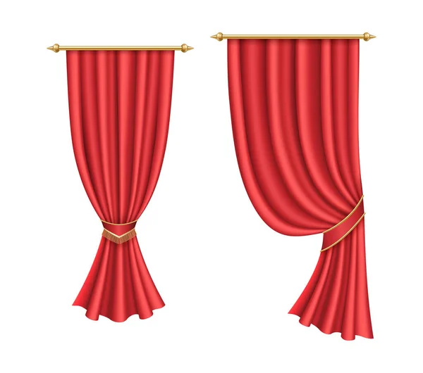 Czerwone zasłony. Tkanina teatralna jedwabna dekoracja do kina lub sali operowej — Wektor stockowy