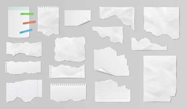 Diferentes hojas de papel, tiras rotas, memos y notas. Desechos de papel realistas con bordes rotos — Archivo Imágenes Vectoriales