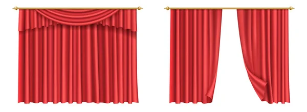 Conjunto de cortinas rojas para escenario de teatro, apertura de la decoración tpremiere para cine o evento — Vector de stock