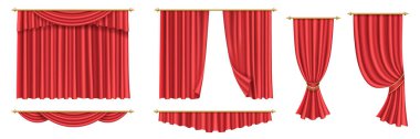Red curtains. Set of realistic luxury curtain decor fabric for interior drapery textile for event clipart