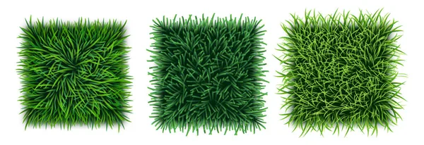 Uppsättning realistiska gröna gräs texturer med färska gräsmattan, fält eller gräsmatta, ovanifrån — Stock vektor