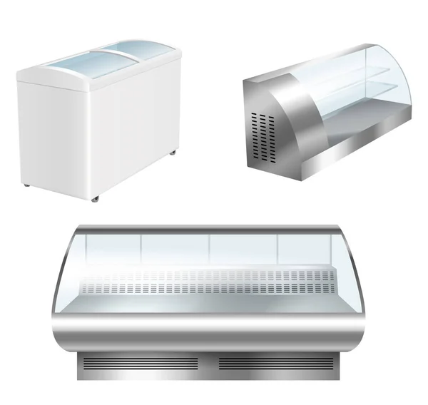 Mostrar refrigerador vacío vitrinas conjunto. Frigoríficos realistas para el almacenamiento de productos de supermercado — Vector de stock