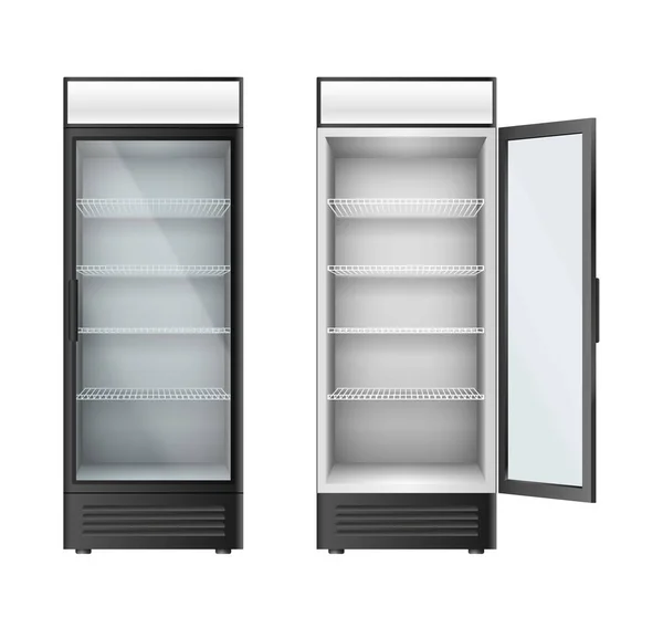 Réfrigérateurs en verre verticaux vitrine pour boissons. Réfrigérateurs avec portes vitrées ouvertes ou fermées — Image vectorielle