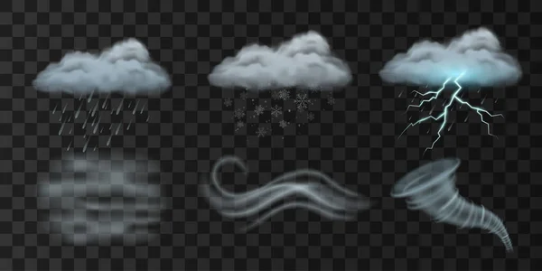 Ícones meteorológicos realistas com chuva, nuvem, nevasca, trovão, relâmpago, vento, nevoeiro e tornado —  Vetores de Stock