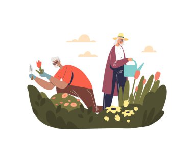 Kıdemli çift bahçede çiçek yetiştirip ekiyorlar. Emekli hobi ve yaşam tarzı konsepti